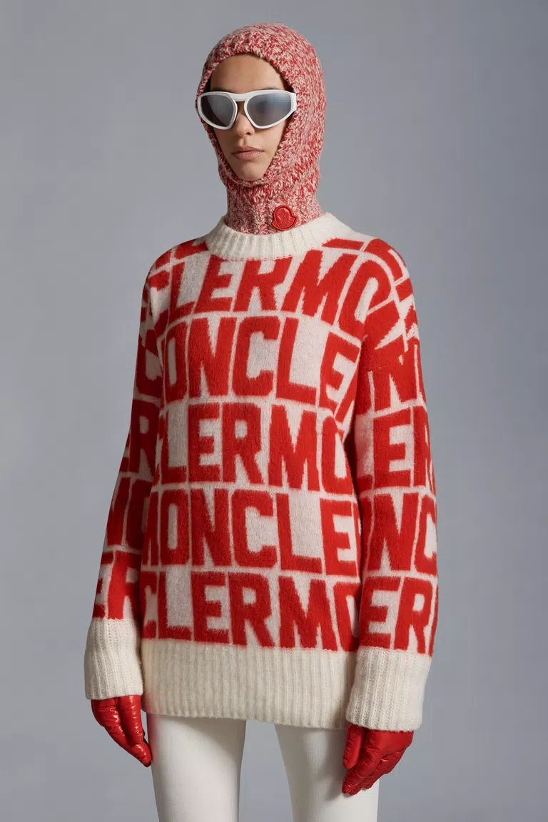 Moncler Red & White Jacquard Sweater In Black
