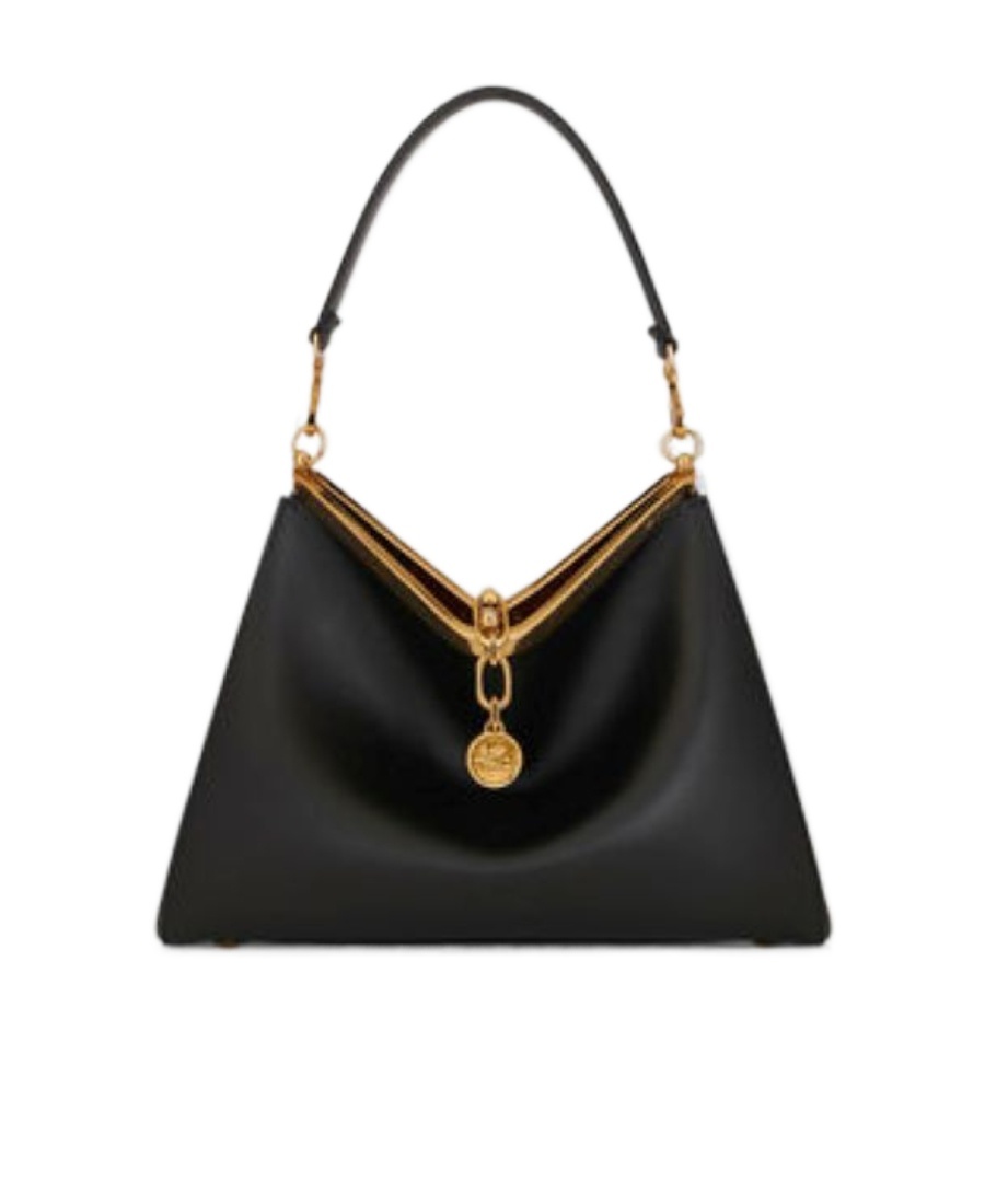 Etro 'small Vela' Black Shoulder Bag With Logo And Pegasus Charm In Black