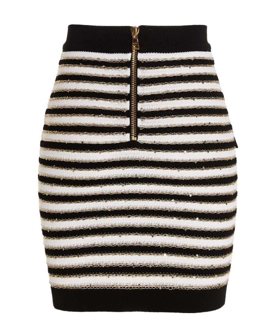 Balmain Button-embellished Metallic Striped Knitted Mini Skirt In Black