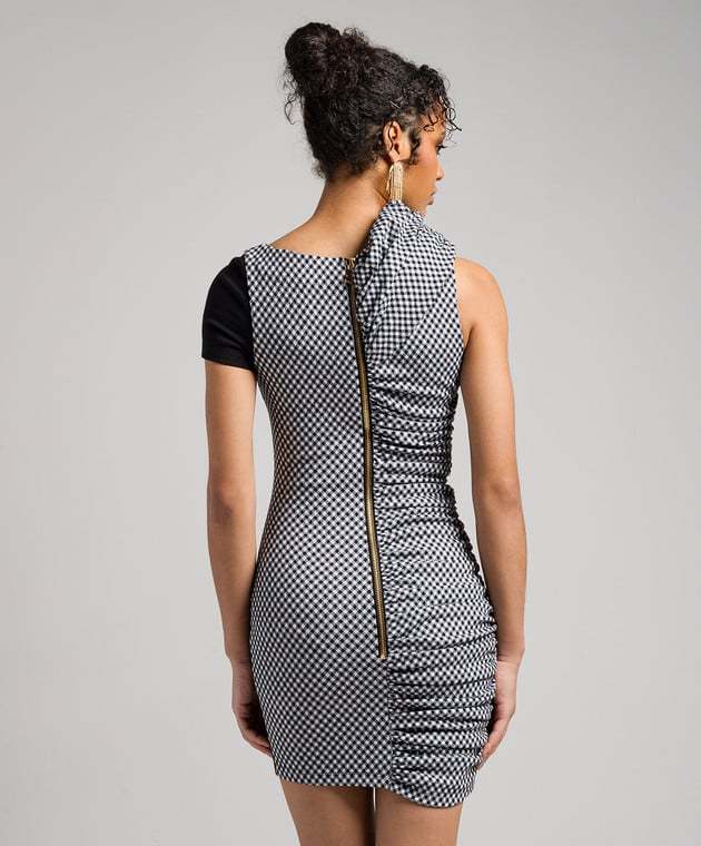Balmain Short Sleeve Vichy Draped Jersey Dress In Black