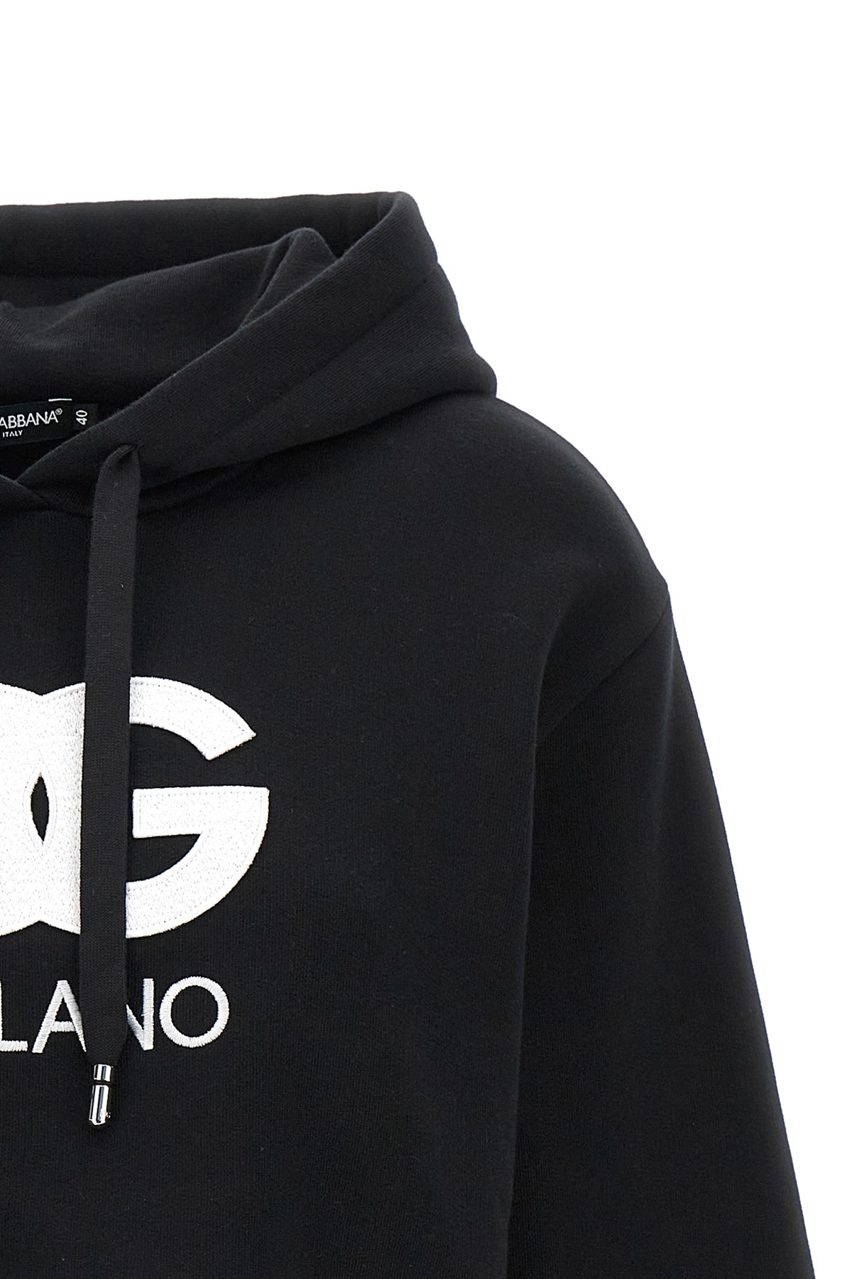 Dolce & Gabbana Cropped Jersey Hoodie With Embroidered Dg Patch In Black