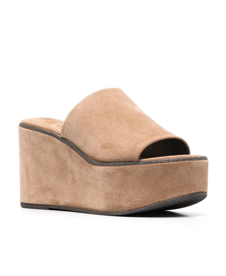 Brunello Cucinelli Suede Monili Platform Slide Sandals In Brown
