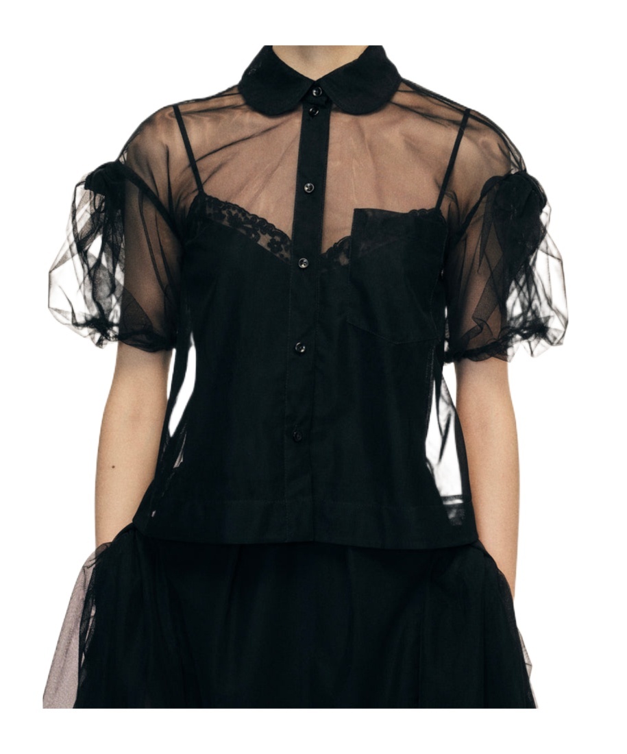 Simone Rocha Sheer Cropped Bow Puff Sleeve Shirt In Black