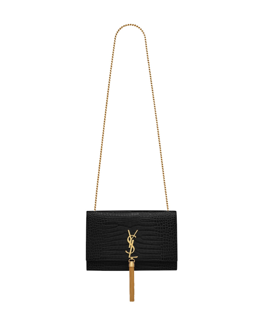 Saint Laurent Kate Crocodile-effect Shoulder Bag In Black