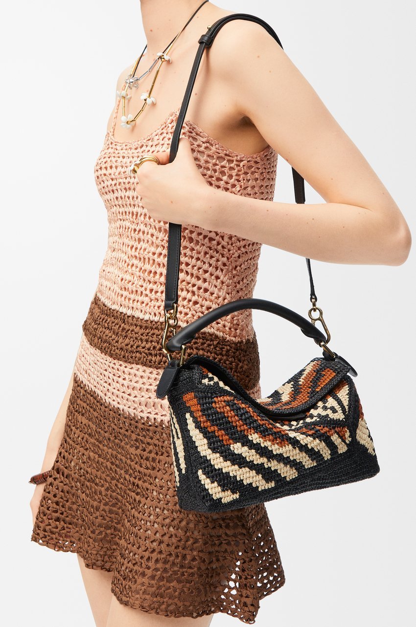Loewe Small Puzzle Edge Bag In Raffia And Calfskin