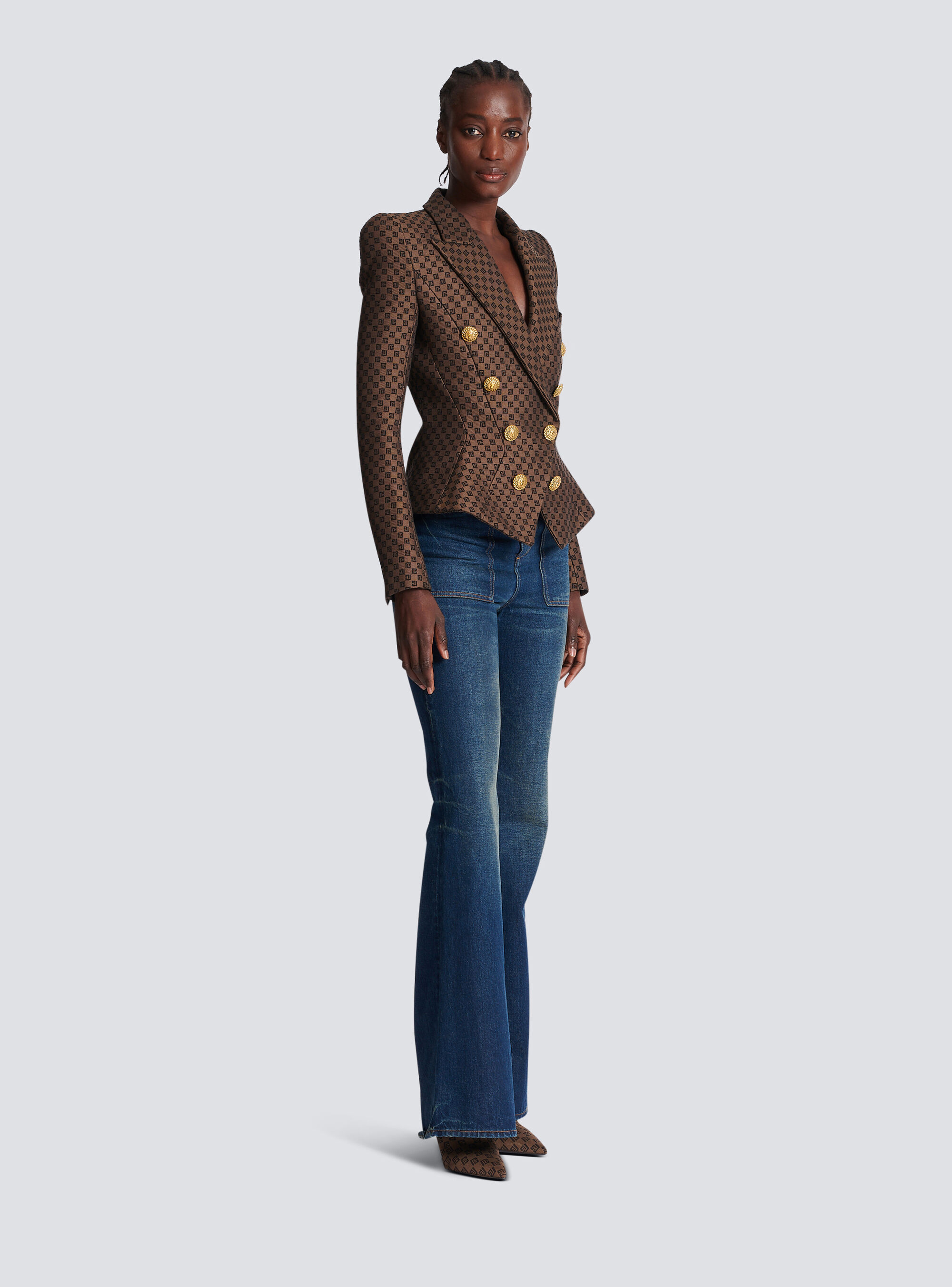 Balmain 8-button Monogram Jacquard Blazer Jacket In Brown
