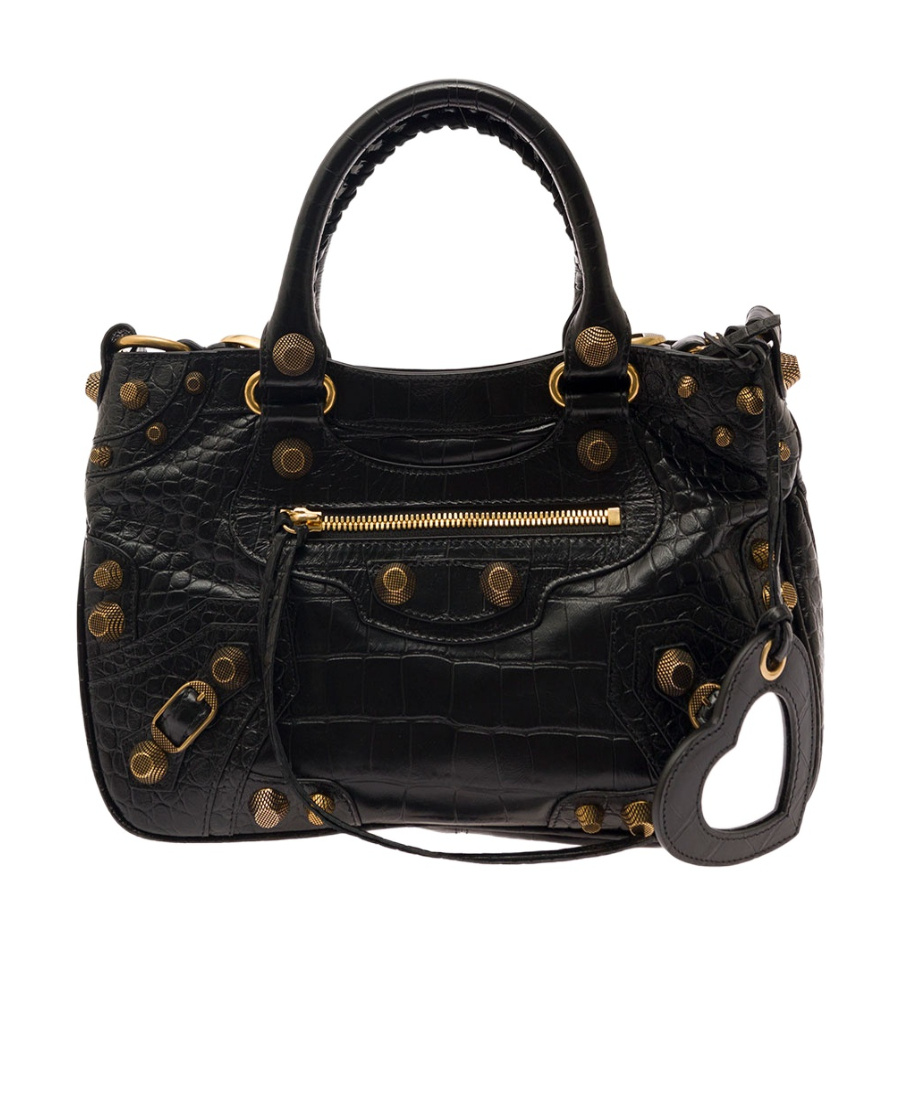 Balenciaga Green Leather Shoulder Handbag With Magnetic Closure And Metal Details In Black