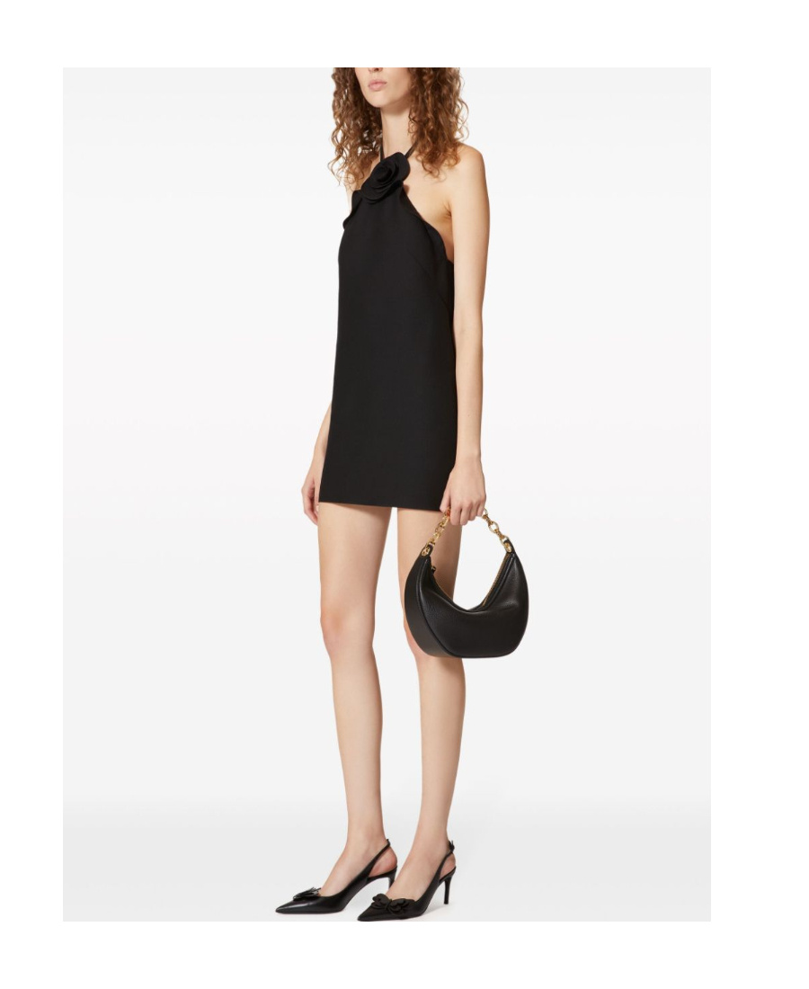 Valentino Wool & Silk Crepe Rose H/neck Mini Dress In Black