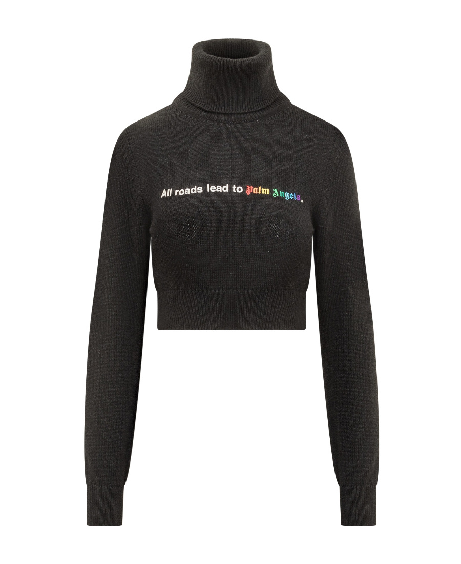 Palm Angels All Roads Text Detail Cropped Turtleneck In Black