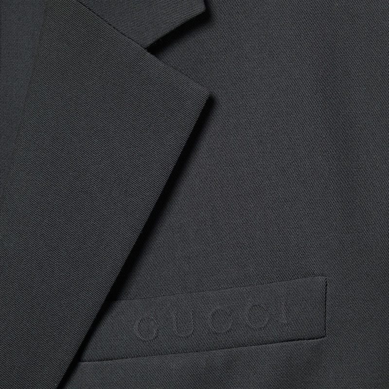 Gucci Men Dark Grey Jacket With Chest Pocket And Embossed Logo In Wool Gabardine Man In Gray