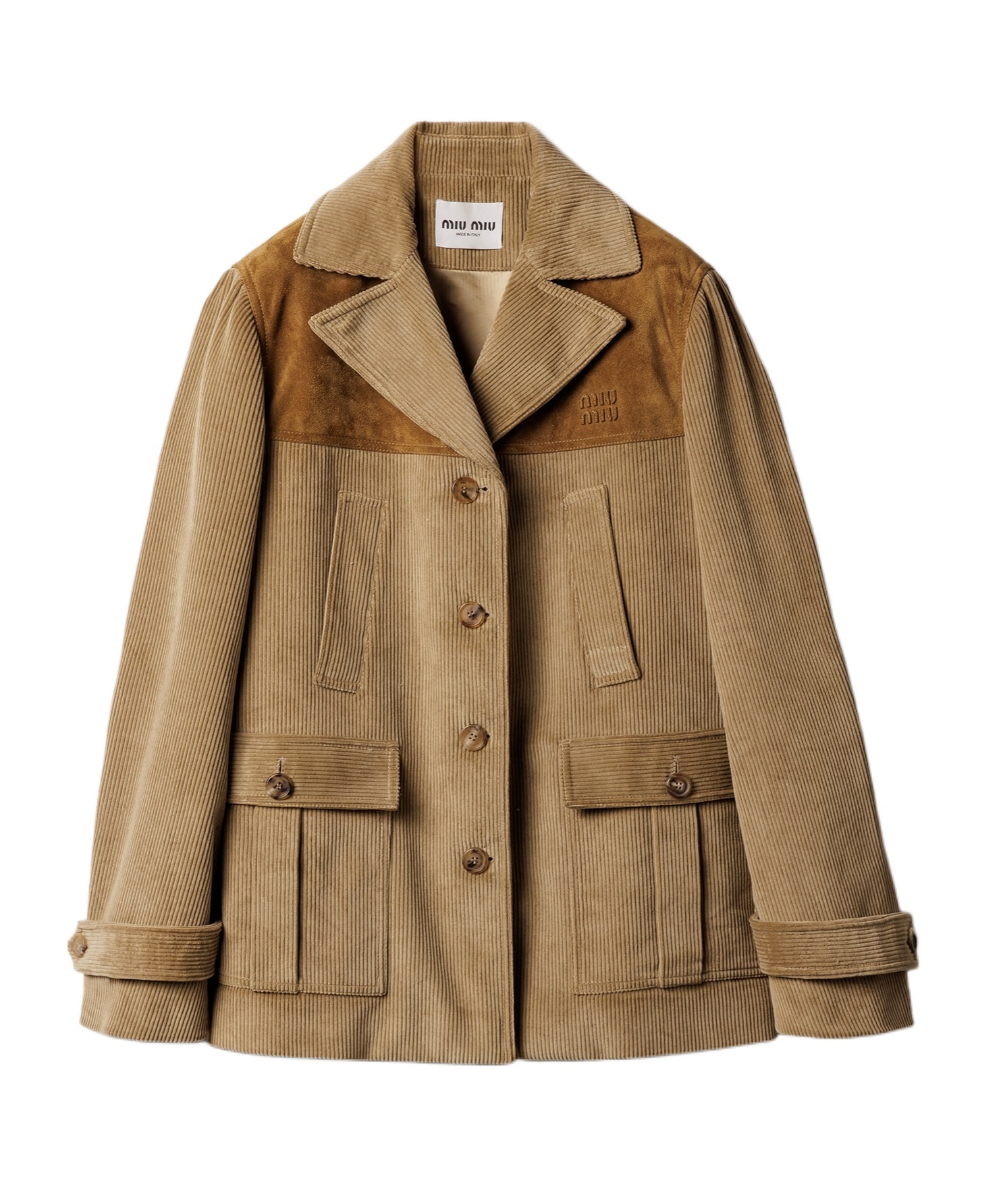 Miu Miu Single-breasted Corduroy And Leather Jacket In Rope Ash