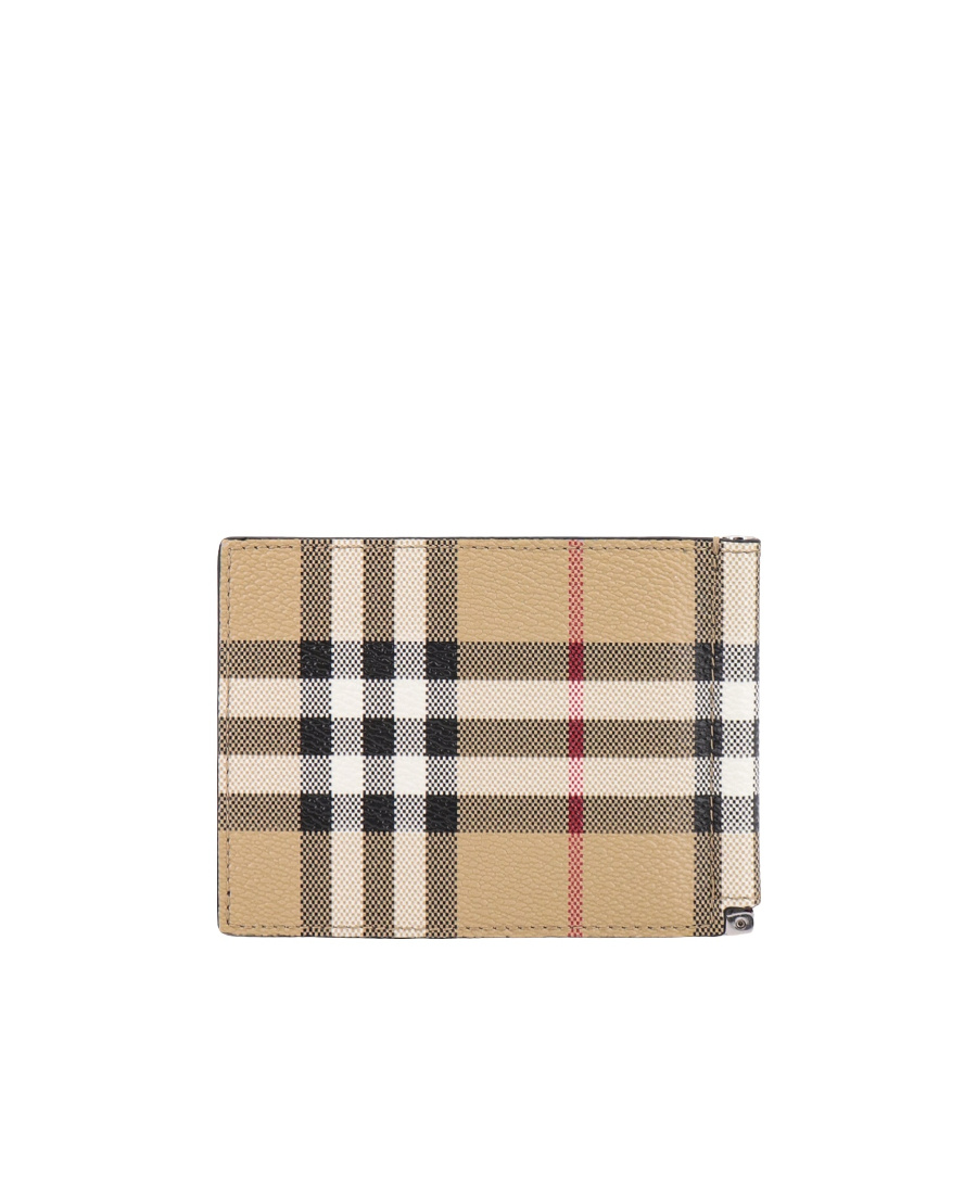 Burberry Beige Bifold Wallet With Check Motif In Techno Fabric In Nude