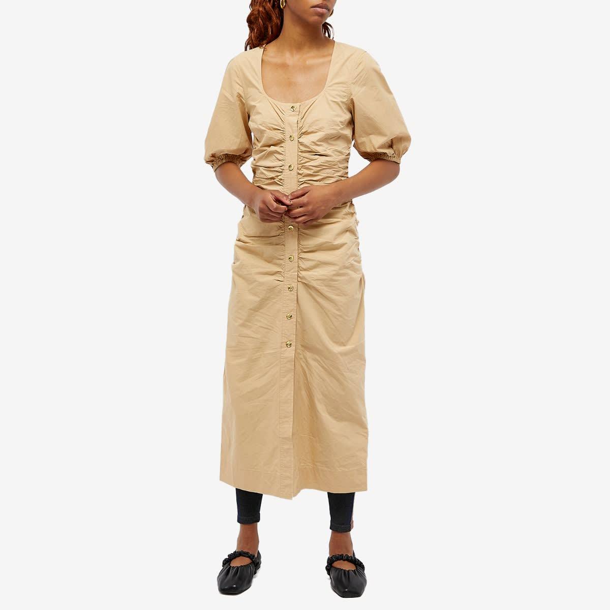 Ganni Short Sleeve Cotton Poplin Gathered Open-neck Maxi Dress In Nude