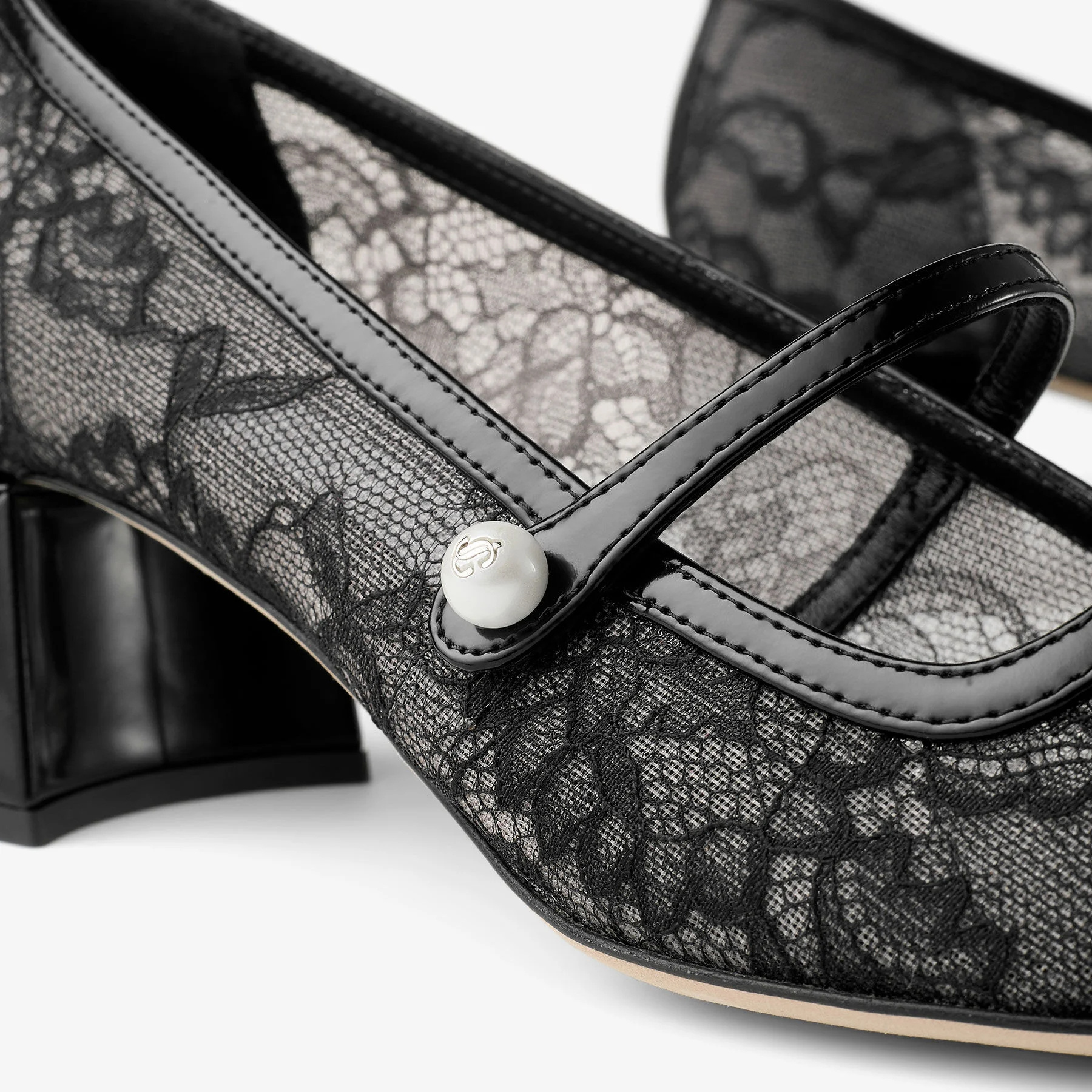 Jimmy Choo Elisa Pumps Block Heel Lace Overlay Pearls In Black