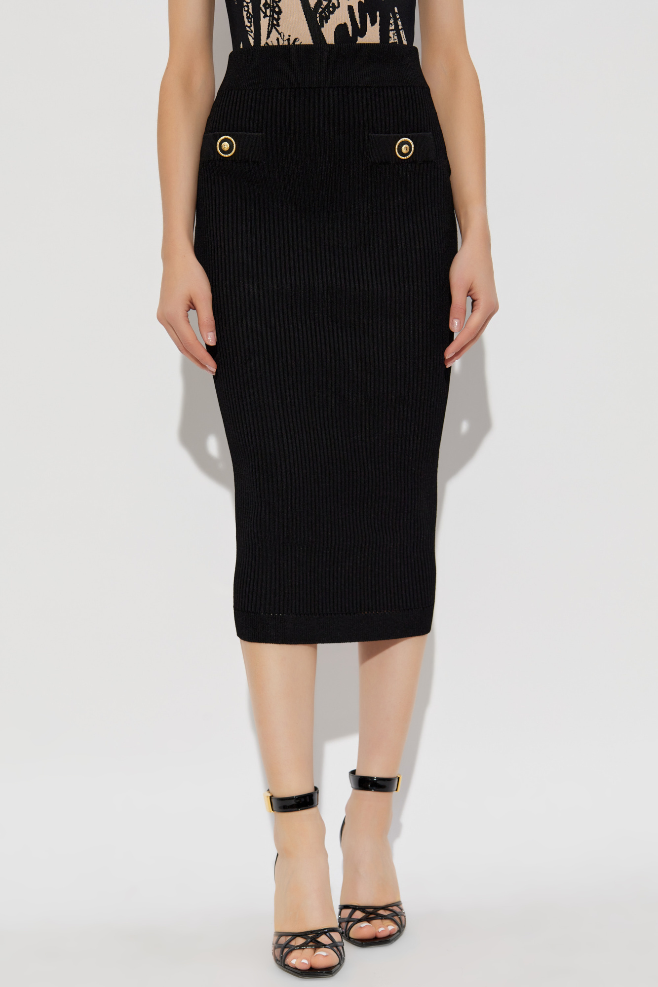 Shop Balmain Ribbed Midi Skirt In Black