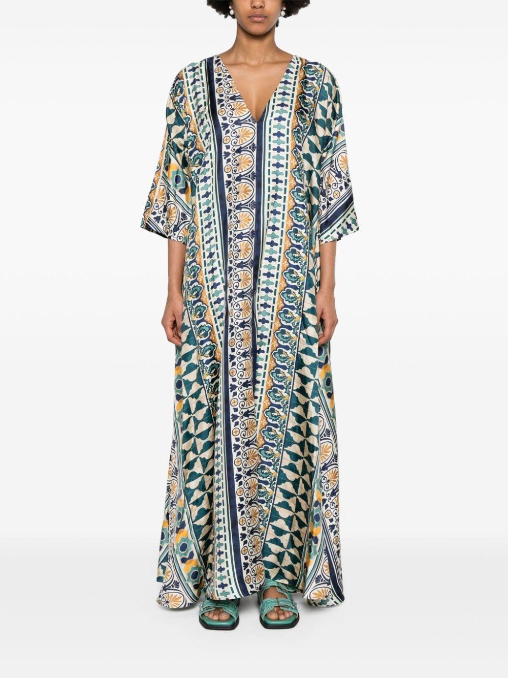 La Doublej Muumuu Geometric Silk Dress In Gray