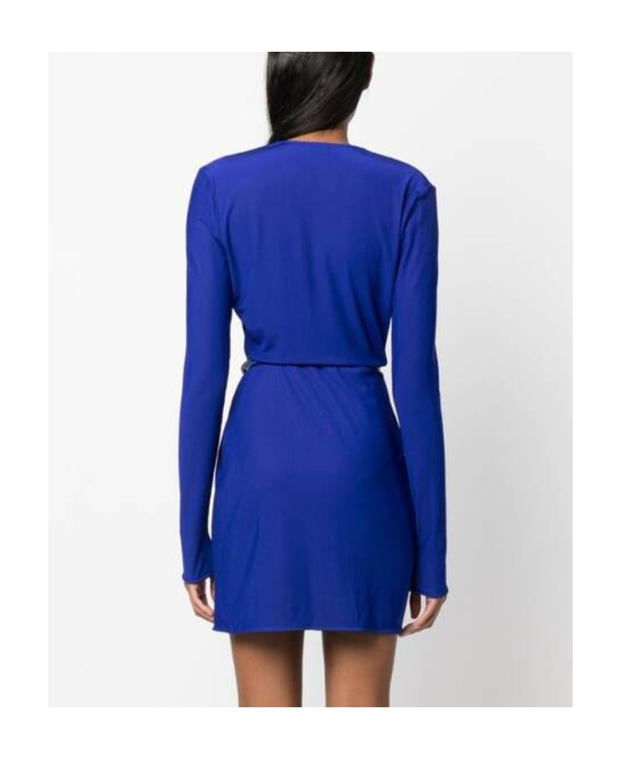 Tom Ford Plunging Leather-trim Microcosta Jersey Wrap Mini Dress In Blue