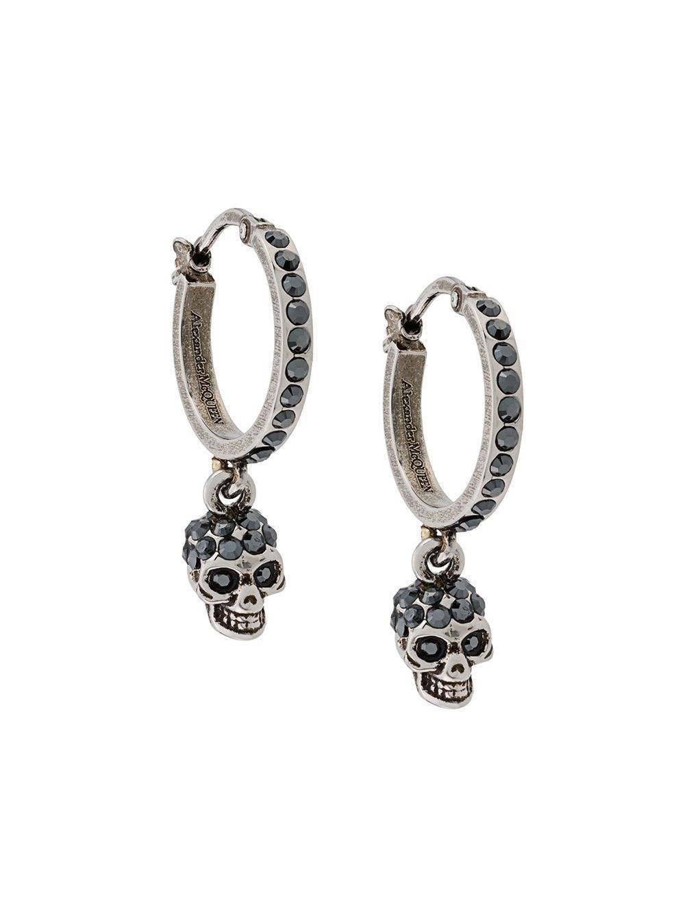 Alexander Mcqueen Crystal Embellished Skull Pendant Hoops In Black