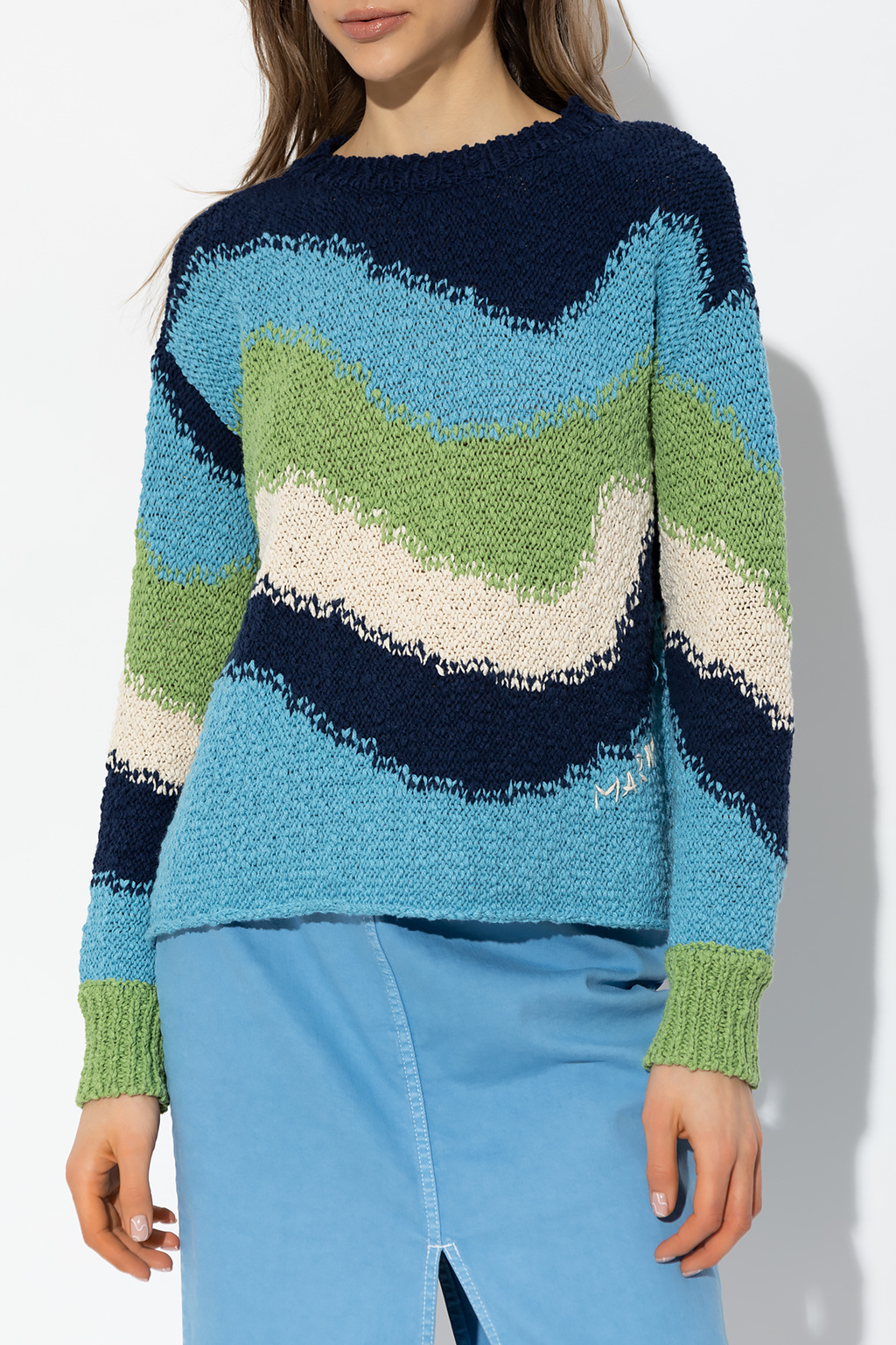Marni Backless Wave-intarsia Cotton Sweater In Blue
