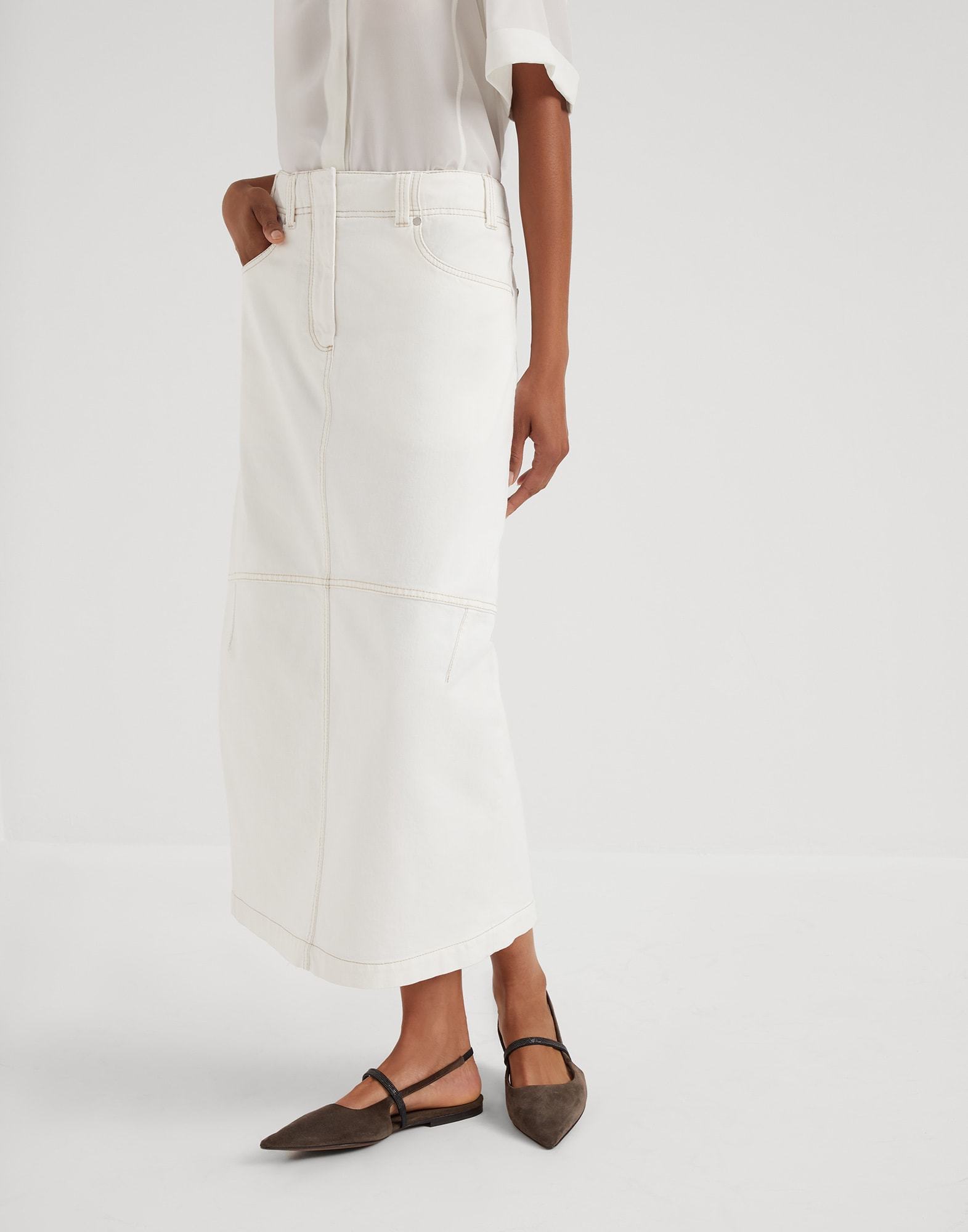 Brunello Cucinelli High-waisted Denim Midi Skirt In White