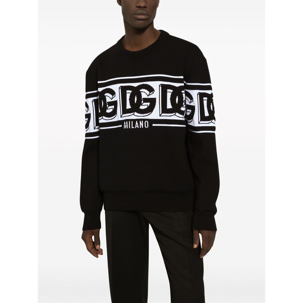 Dolce & Gabbana Black Crewneck Sweater With Dg Motif In Wool Blend Man In Black
