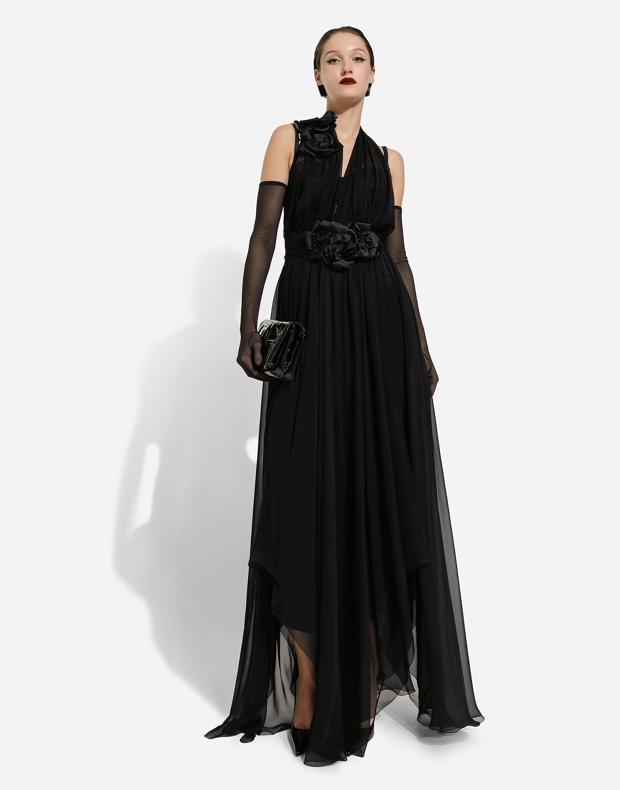 Dolce & Gabbana Long Chiffon Dress With Boning In Black
