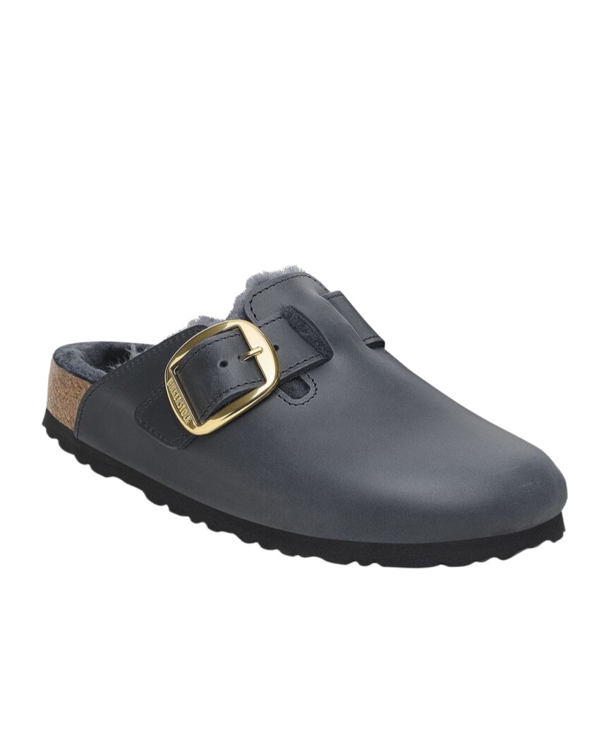 Birkenstock Boston Big Buckle Shearling Mules In Black