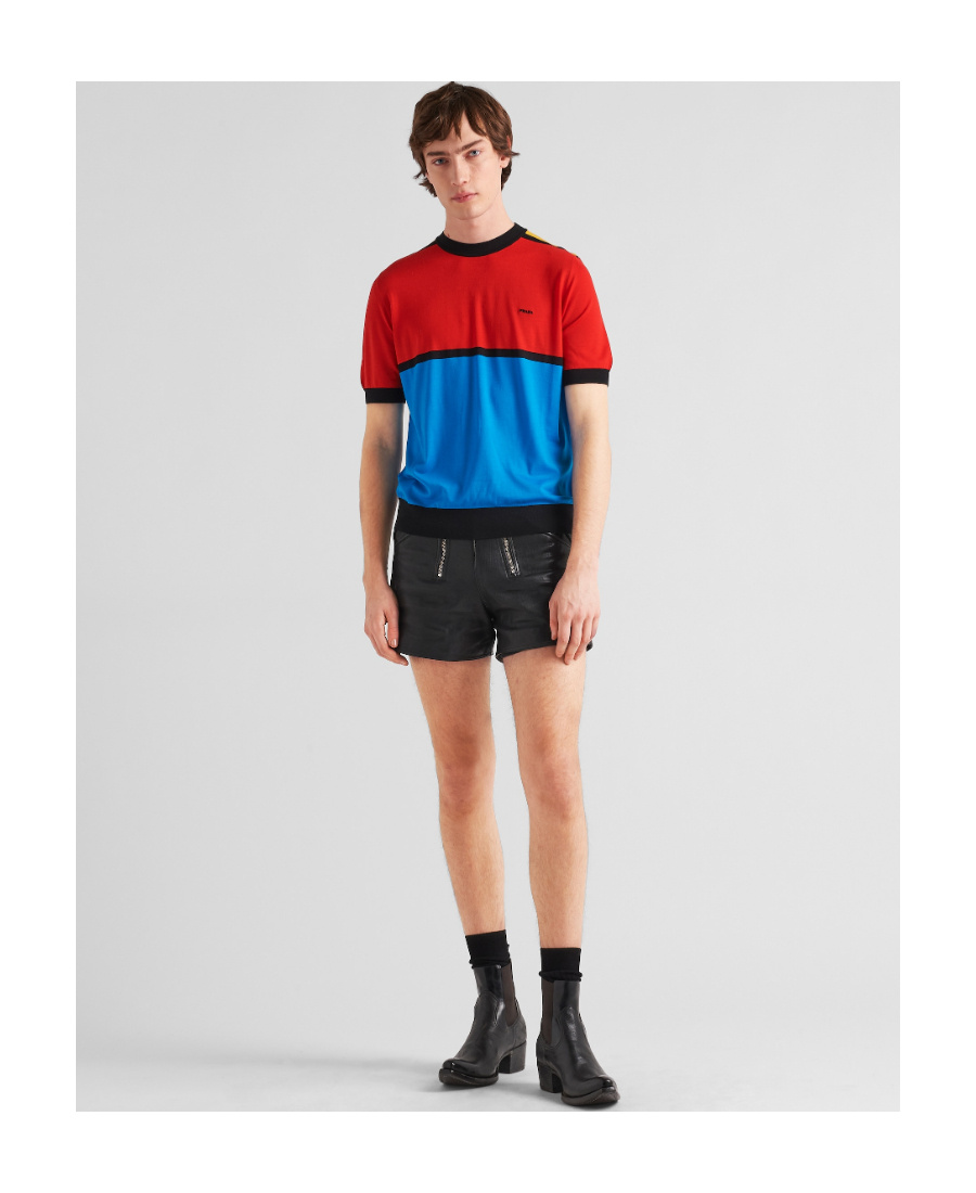 PRADA PRADA COLOUR-BLOCK CREWNECK KNITTED T-SHIRT