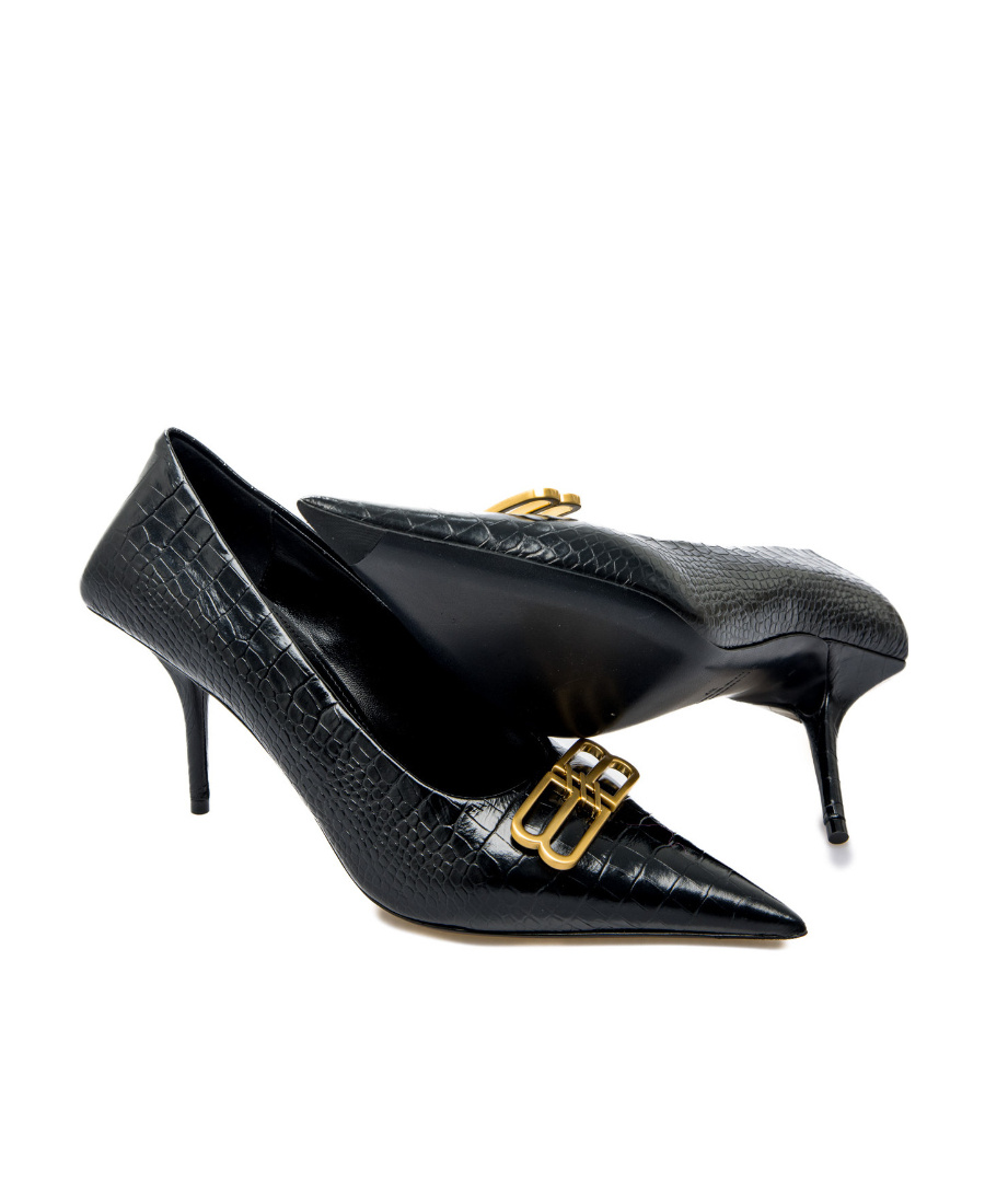 Balenciaga 80mm Square Knife Bb Crocodile-embossed Pointed Pumps In Black