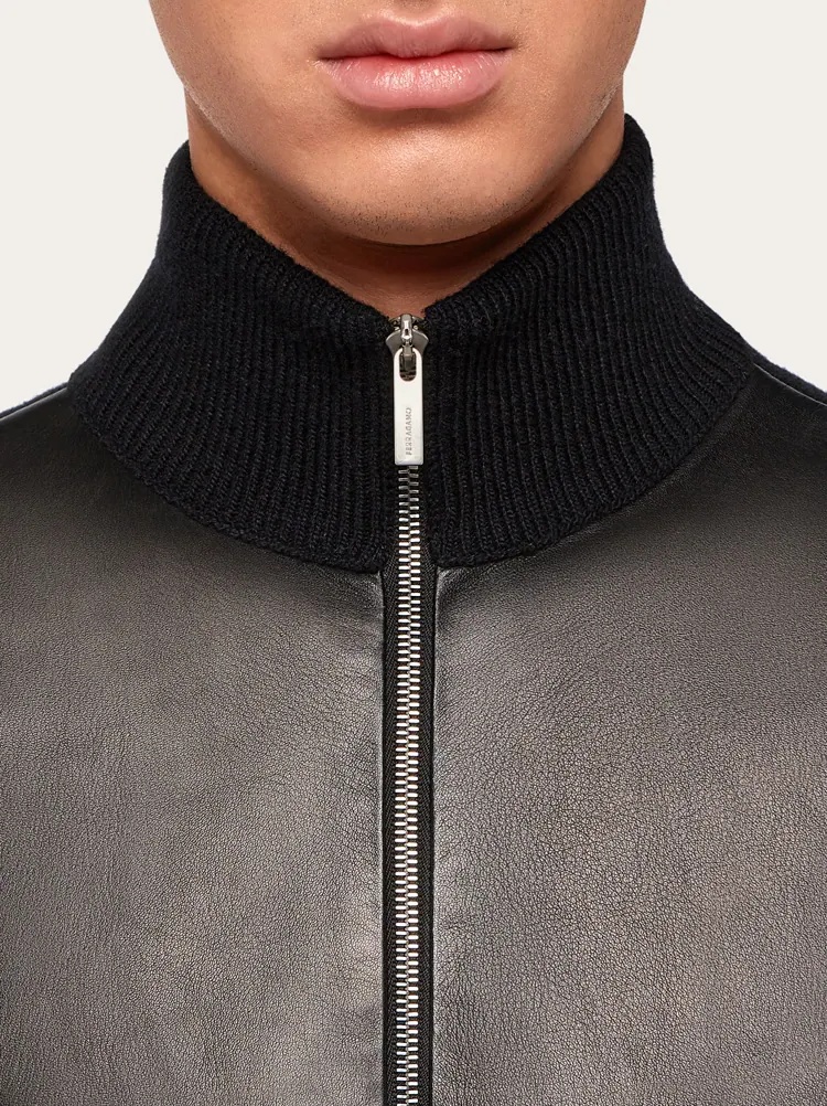 Ferragamo Luxury Wool And Leather Zip Cardigan For Men In Black