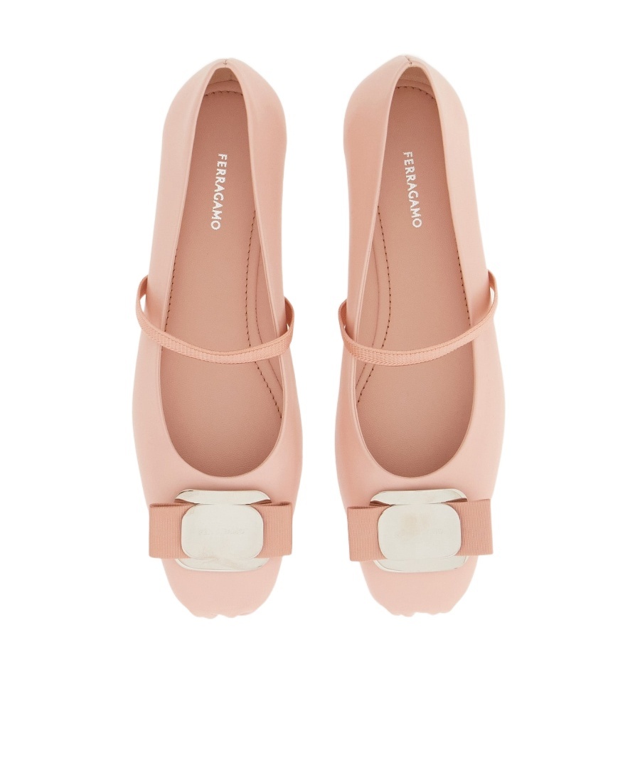 Ferragamo Zina Leather Bow Mary Jane Ballerina Flats In Pink