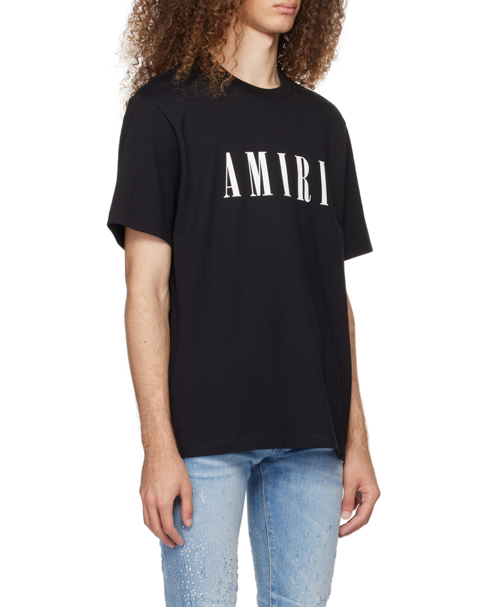Amiri Black Crewneck T-shirt With Logo Lettering Print On The Front In Cotton Man In Black