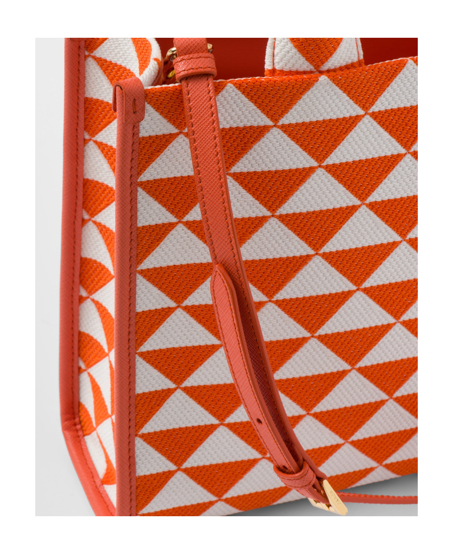 Prada Large Symbole Embroidered Fabric Handbag In Orange/white