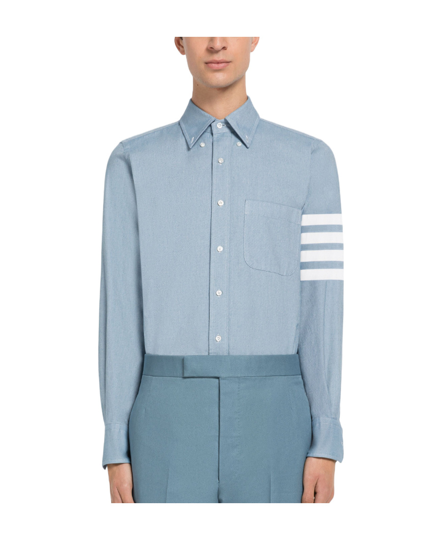 Thom Browne Flannel 4-bar Straight Fit Shirt Man Polo Shirt Multicolored Size L Cotton In Blue