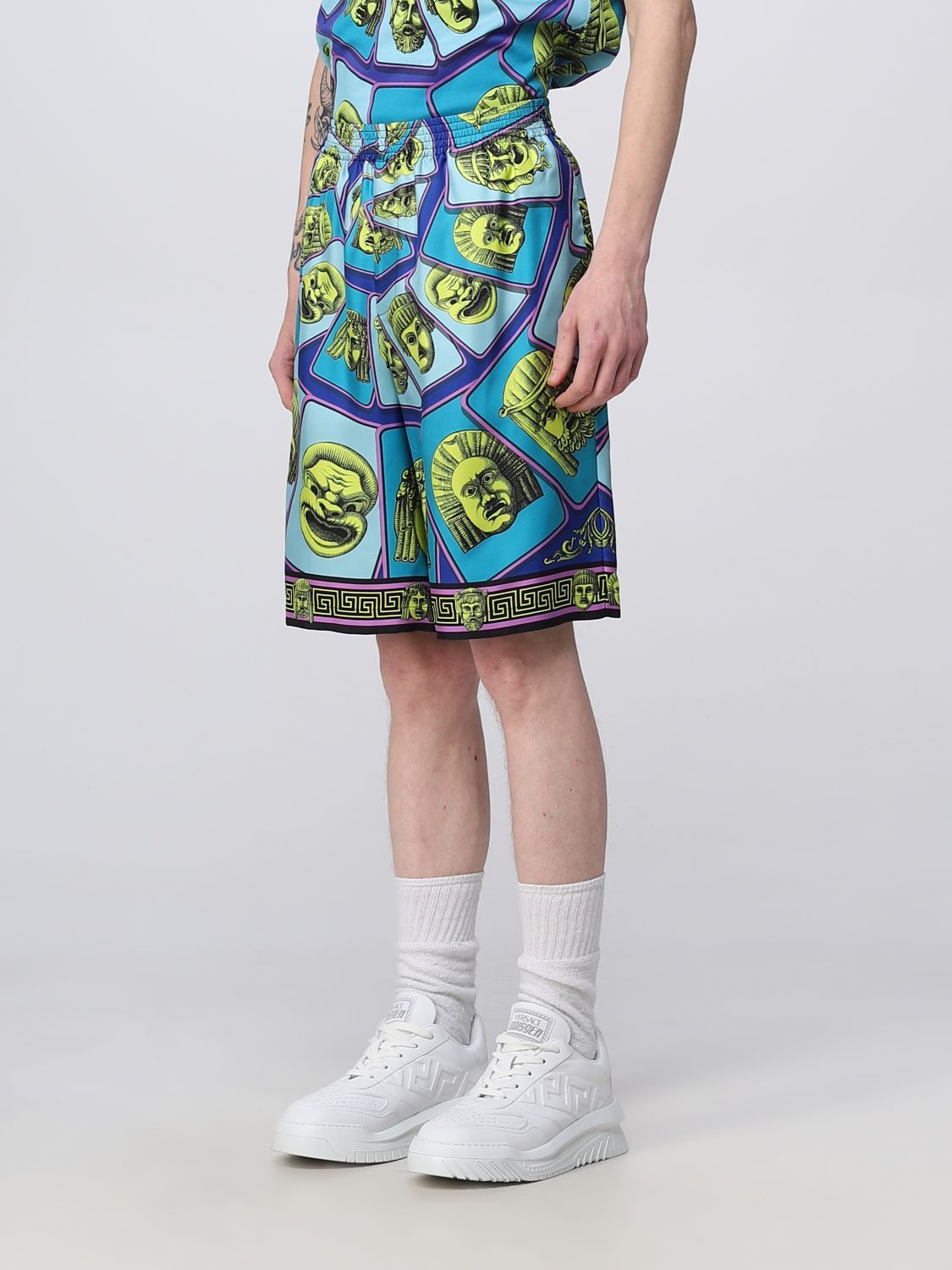 Versace Le Maschere Print Silk Shorts In Blue