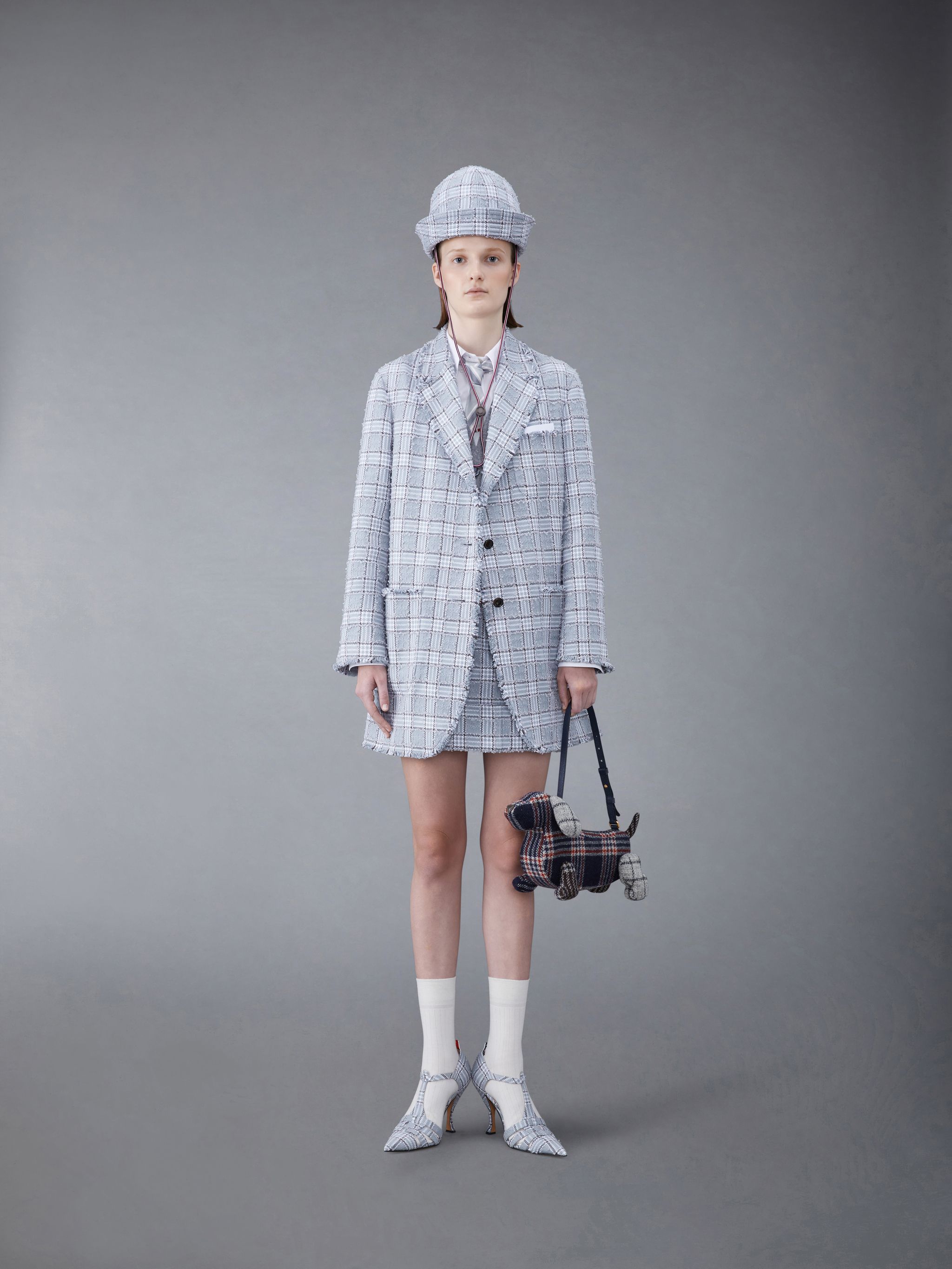 Thom Browne Frayed-check Single-breasted Blazer In Blue