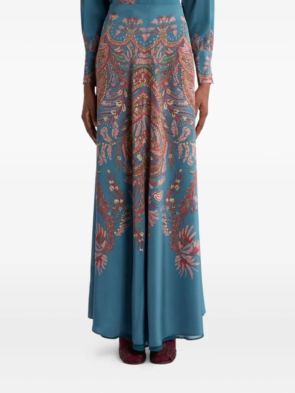 Etro Silk Maxi Skirt With Placed Print In Blue