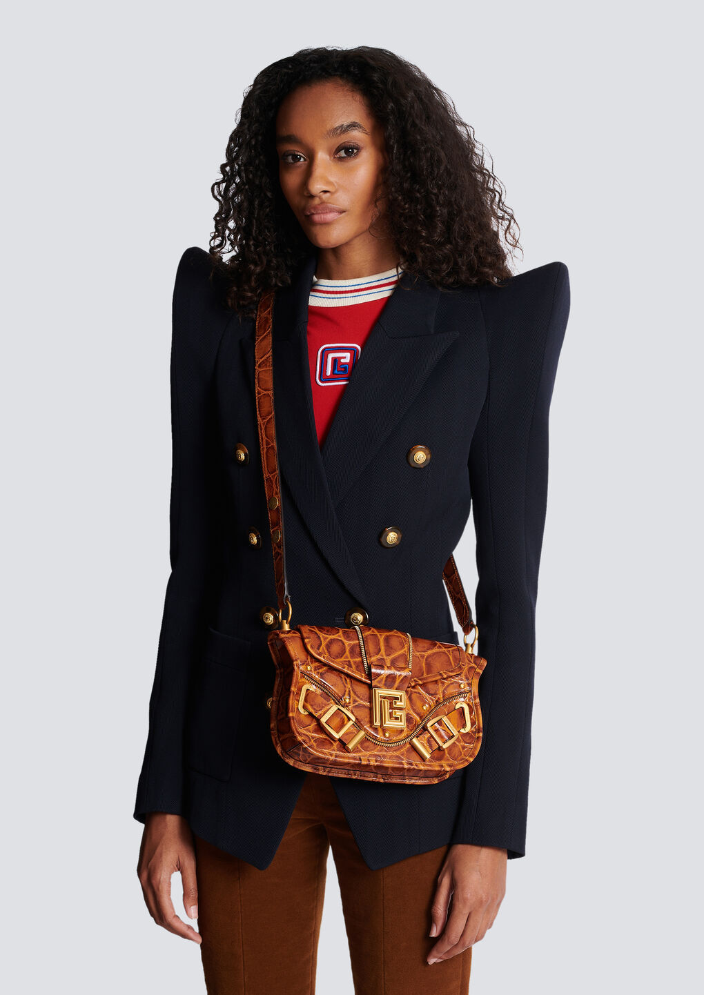 Balmain Blaze Bag In Crocodile-print Leather In Brown