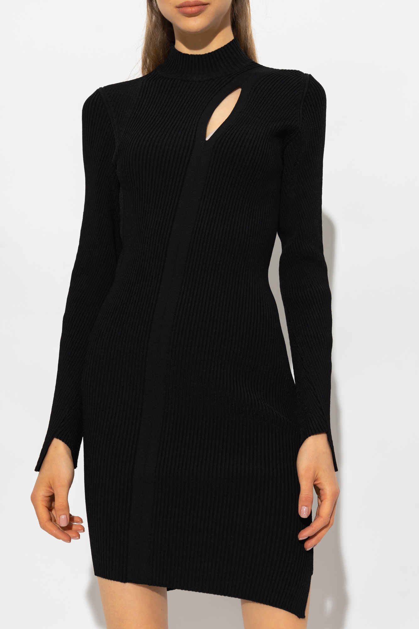Versace Ribbed-knit Slashed Minidress In Black