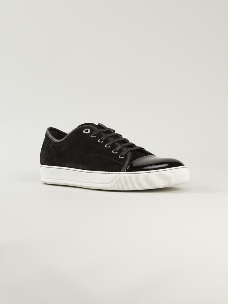 Lanvin Panelled Patent-leather And Velvet Low-top Trainers In Black