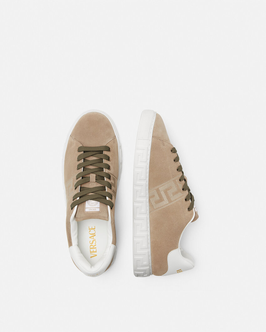 Versace Greca Suede Low Top Sneaker In Gold
