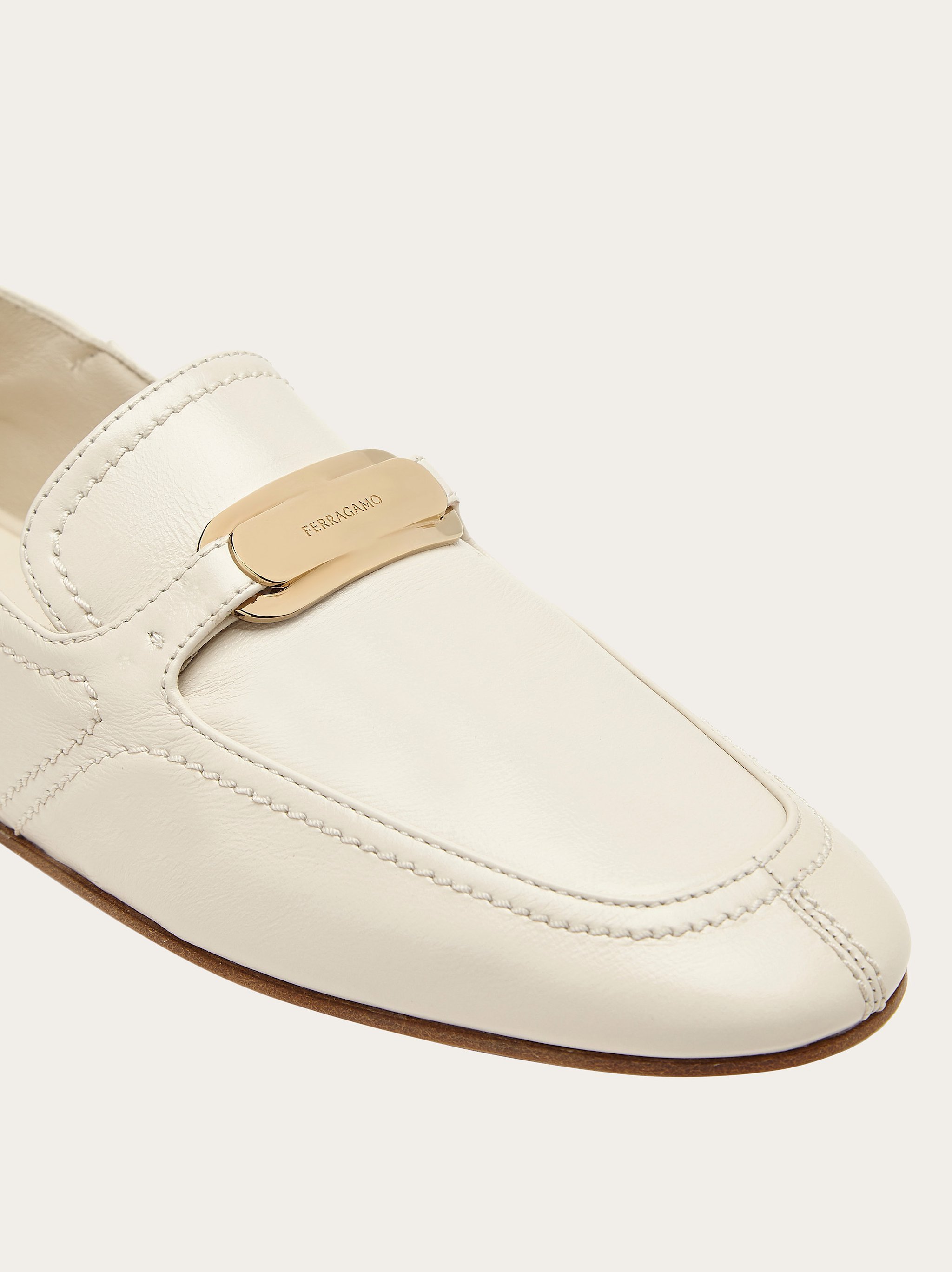 Ferragamo Ivory Leather Loafers With Gold-tone Hardware In White