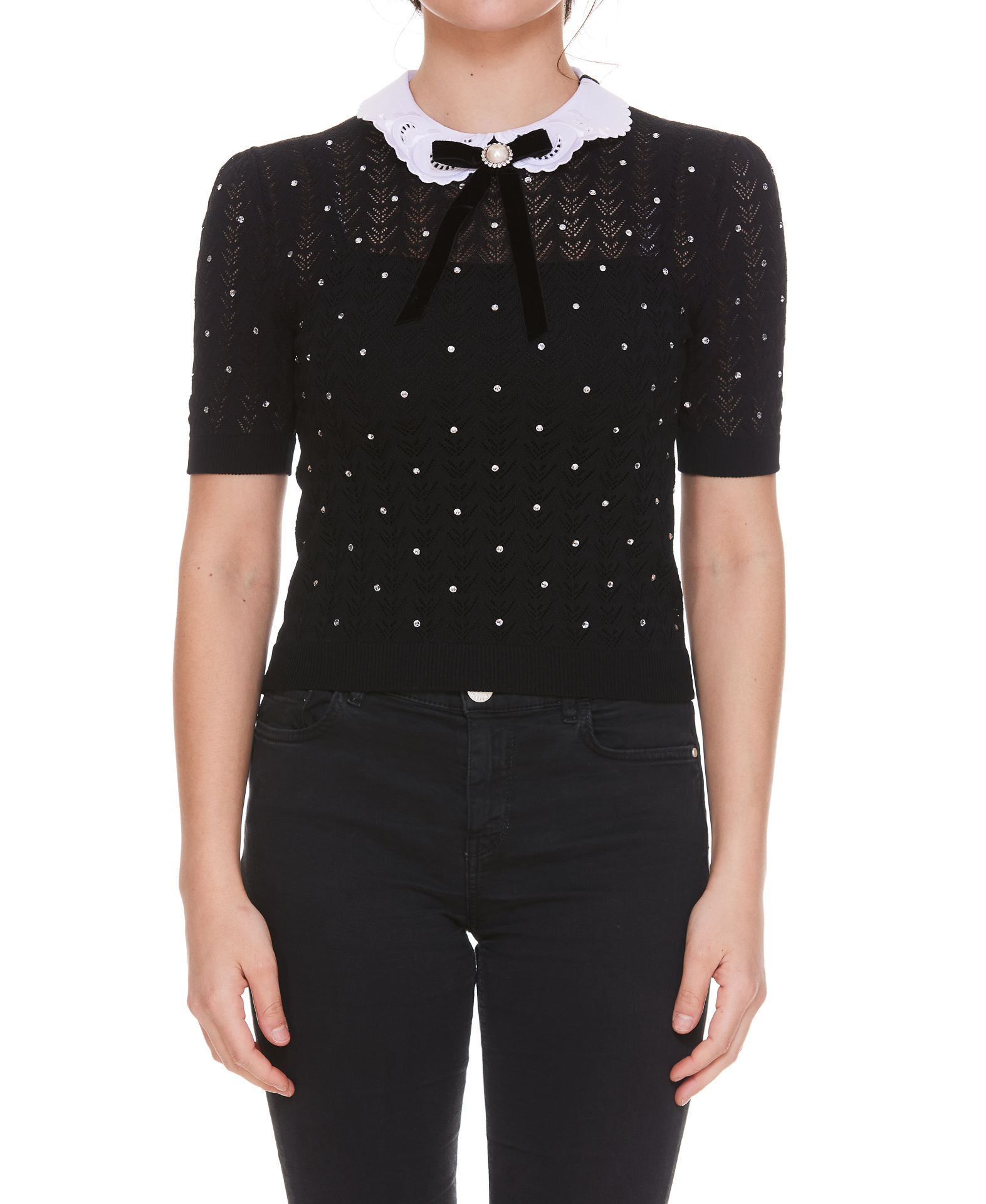 Alessandra Rich Contrast-collar Crystal-embellished Knitted Top In Black