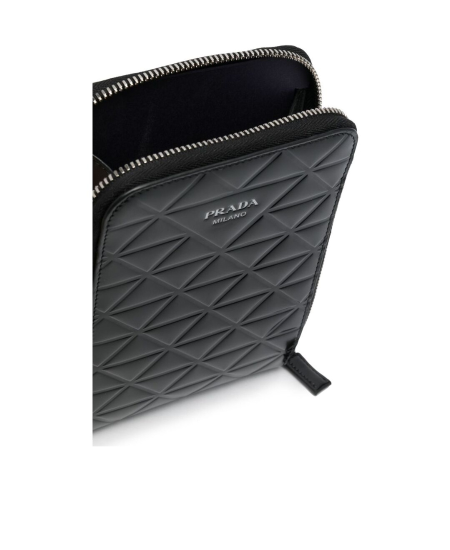 Prada Triangle-logo Leather Phone Case In Black