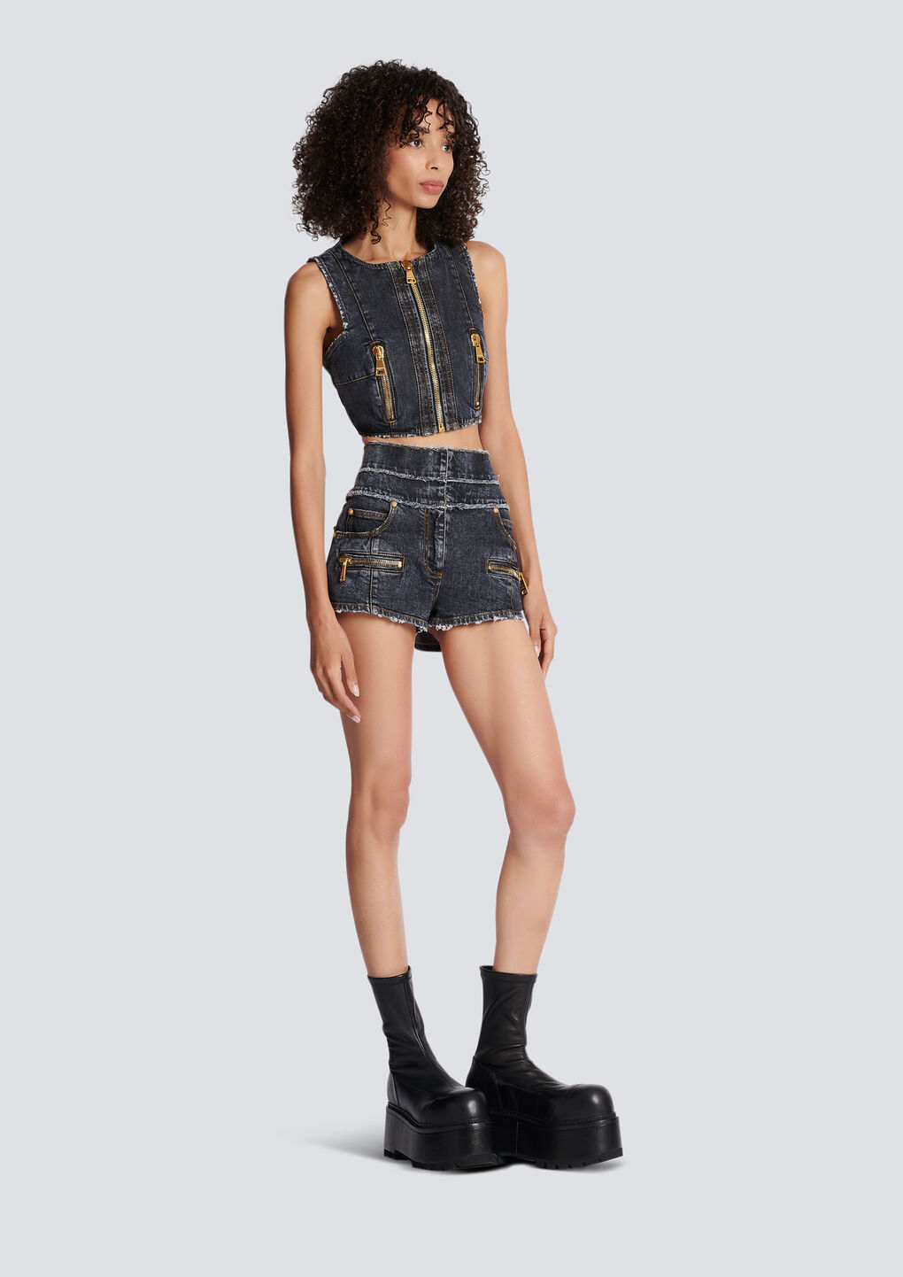 Balmain Denim High Waist Shorts With Front Zip Pockets In Gray