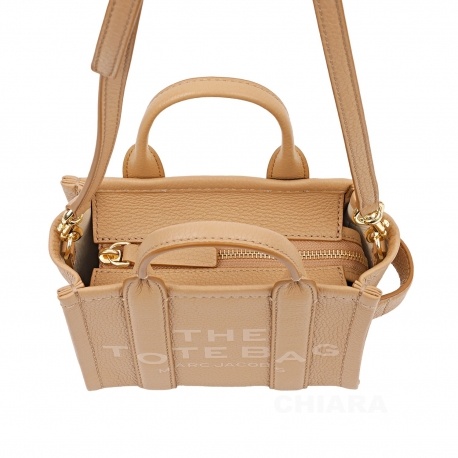 Marc Jacobs 'the Mini Tote' Beige Tote Bag With Logo Lettering On The Front In Grained Leather Woman In Nude