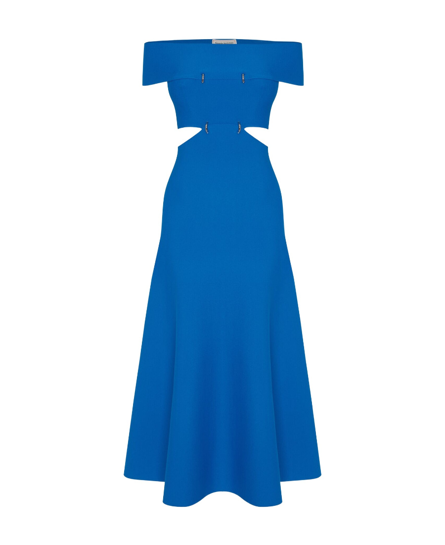 Alexander Mcqueen Off-shoulder Flared Midi Dress In Blue