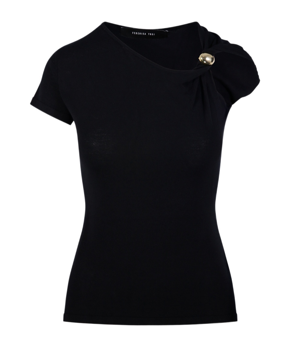 Federica Tosi Asymmetrical Black Top With Brooch Detailing In Black