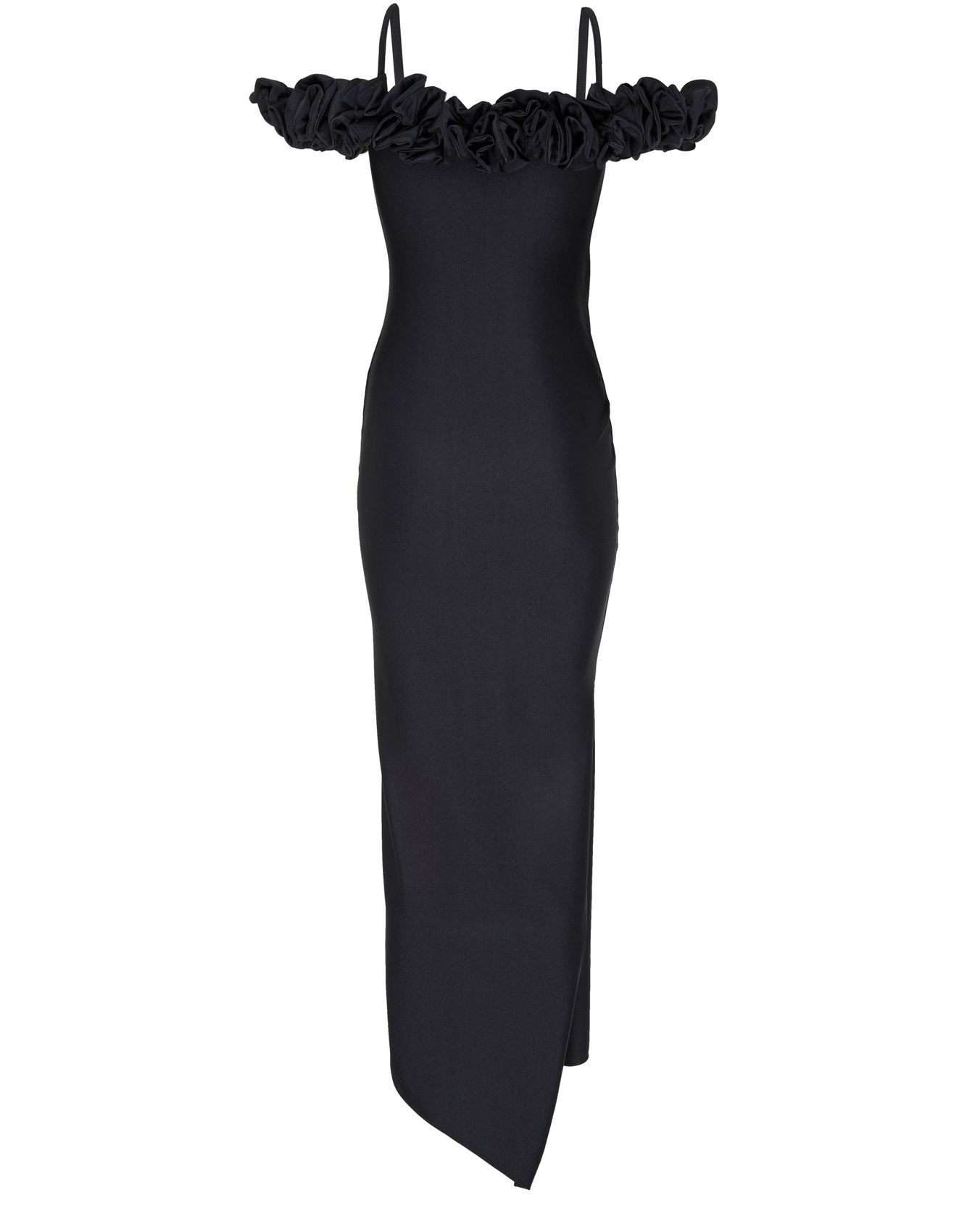 Coperni Zip Ruffle Off-the-shoulder Satin Midi Slip Dress