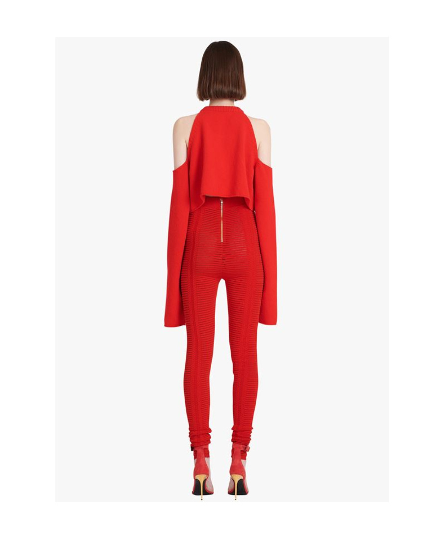 Balmain High-waisted Sheer Knitted Leggings In Red